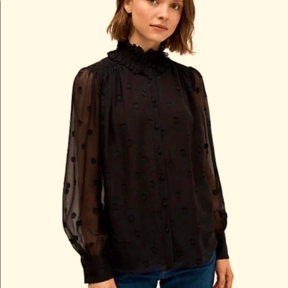 Kate Spade ♠️ Bakery dot Devore top, black, sheer sleeve sz S- $398 NWT